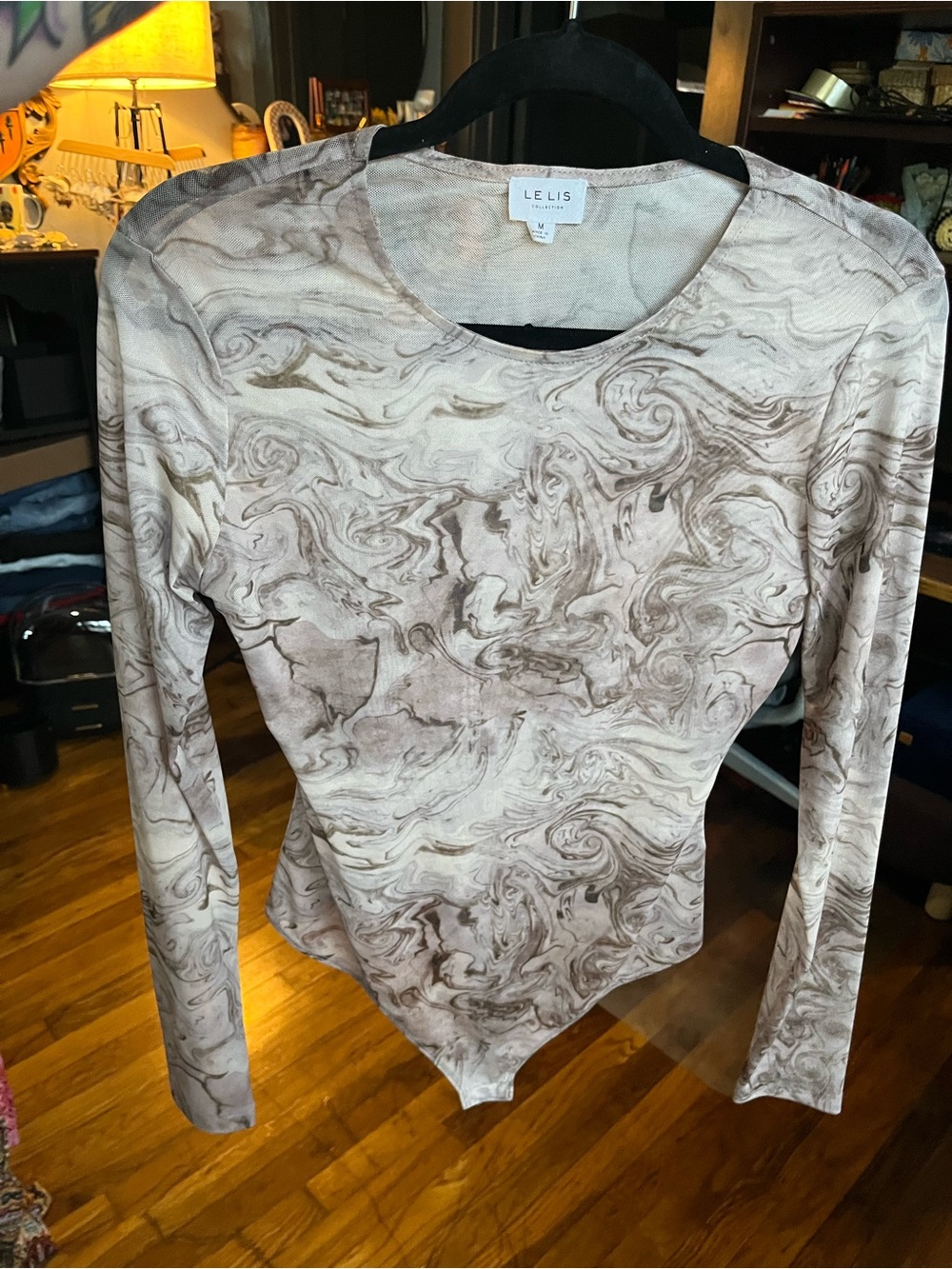 Le Lis Women's Marble-Print Long Sleeve Mesh Bodysuit